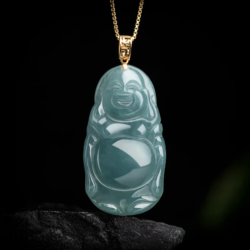 

Natural Burma Jadeite A Goods Blue Water Buddha Public Station Ice Jade Pendant 18K Gold Buckle Inlaid With Women's Jewelry