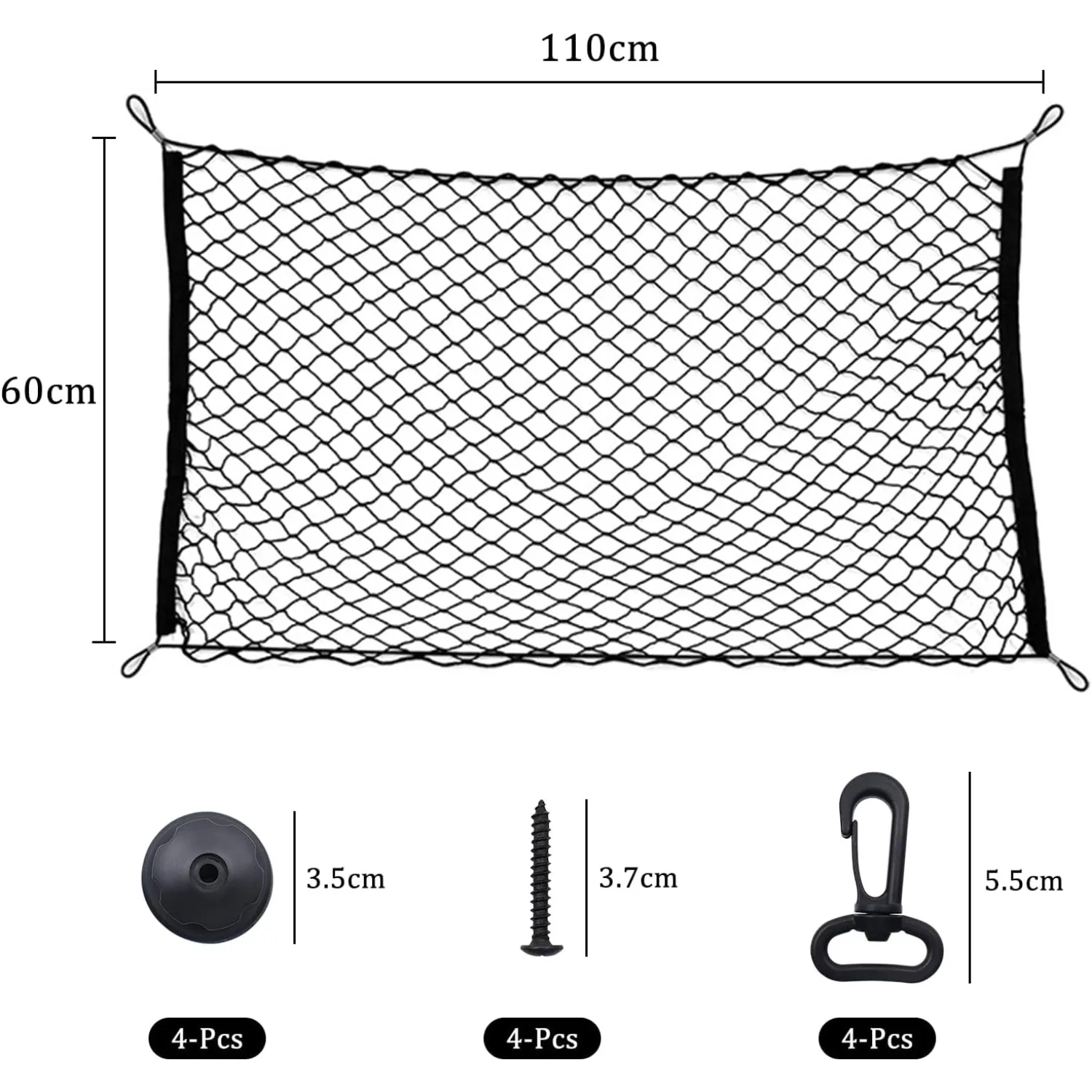 차량 트렁크 네트 110×60cm, 220×120cm까지 확장 가능, 4개의 고리가 있는 탄성 네트 트렁크, SUV 차량용 대형 트렁크 네트
