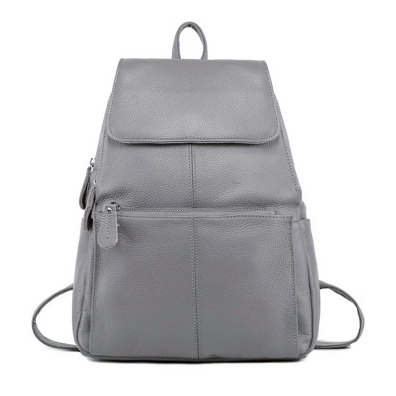 ZENCY100% Genuine Cow Leather Many Pockets Women Ladies Girl Silver Gray White Pink Light Blue Backpack Top Cowhide School Bags 