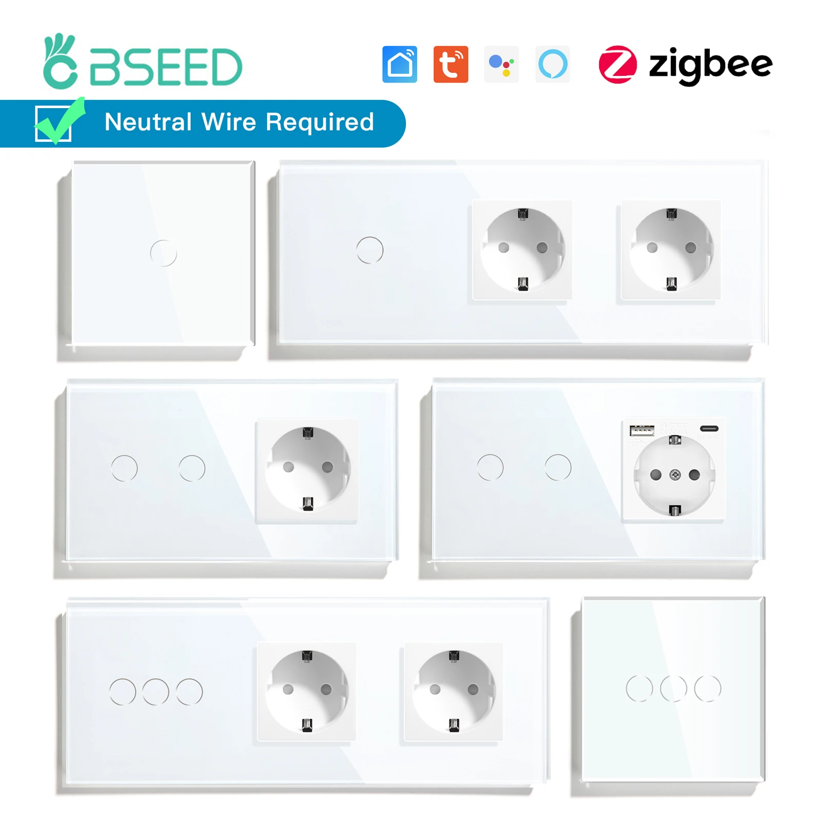 BSEED-Zigbee Smart Touch Switch, Port de charge USB Type-C, Prises, Panneau en verre, Tuya Smart Life, Google Control, 1, 2, 3Gang, 1, 2, 3Way