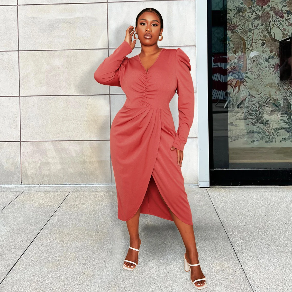 

Plus Size New Women's Dress Large Women's V-neck Irregular Pleated Skirt Long-sleeved Plain Split Dress Casual Female Clothes