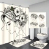4pcs Minimalist Black Line Charm Ladies Bathroom Set Including Waterproof Shower Curtain Applicable For Full Bathroom Scenes 1