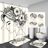 4pcs Minimalist Black Line Charm Ladies Bathroom Set Including Waterproof Shower Curtain Applicable For Full Bathroom Scenes 1