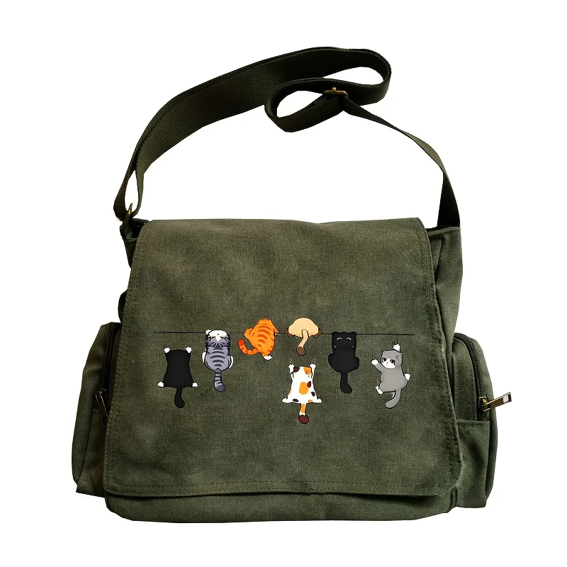 Adorable Cat-Themed Women's Crossbody Bag Large Capacity Canvas Student's Book Bag Army Green Female's Shoulder Bag