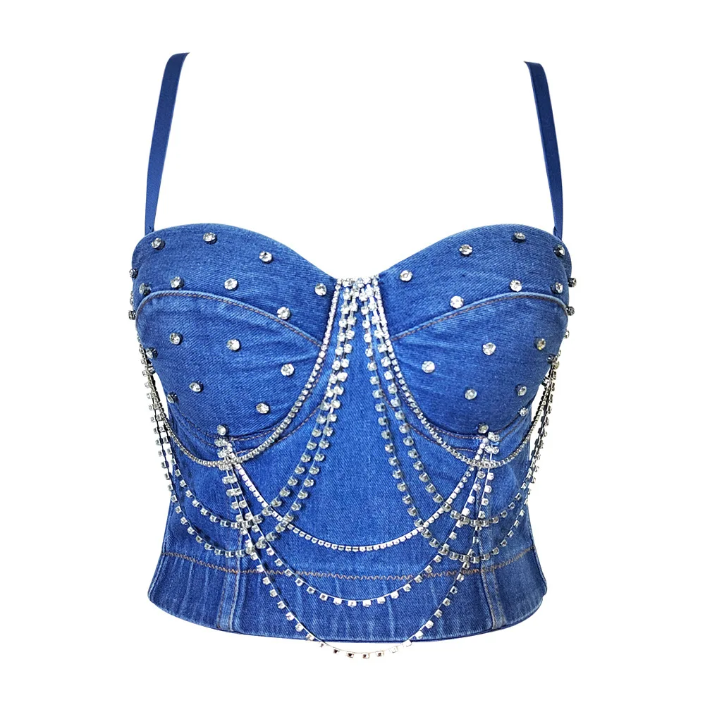 

Waistband Bra Chain Stud Beads Fashion Rock Denim Strap for External Wear Bustier Lenceria Bodys Sexy Mujer Corset Top Shaper