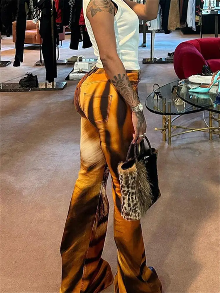 Kontturi Casual Tiger 3D Print Pants For Women 2023 Fashion Graphic Sweatpants Streetwear Outfits Black High Waist Flare Pants