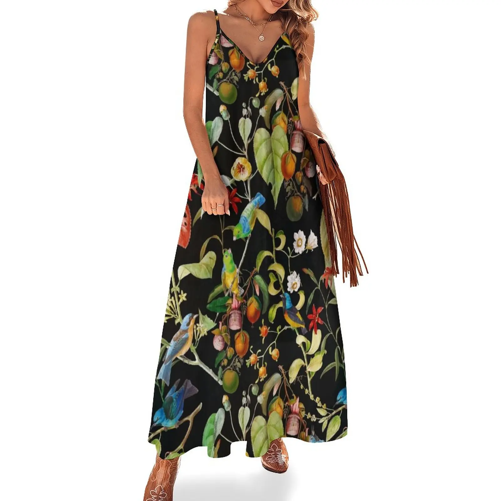 

Vintage tropical sing birds and fruits pattern black Sleeveless Dress beach outfits for women women clothes