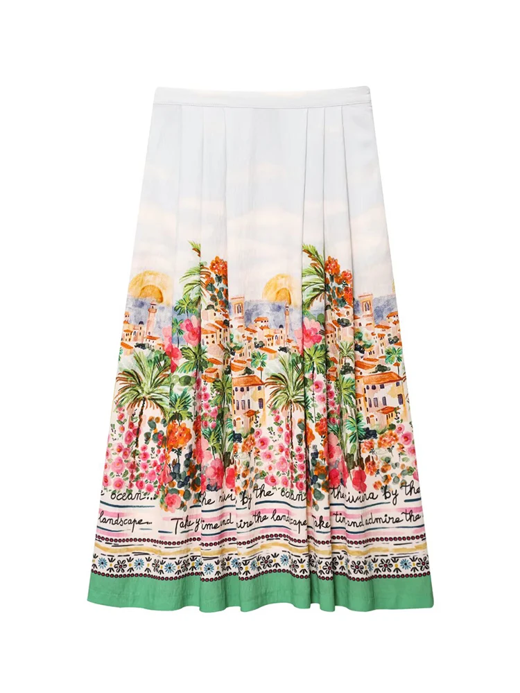 TFMLN New Women Fashion Printed Pleated Skirts Sets Chic Cut Out Sleeveless Short Top Maxi Skirt 2PCS Summer Lady Holiday Suits