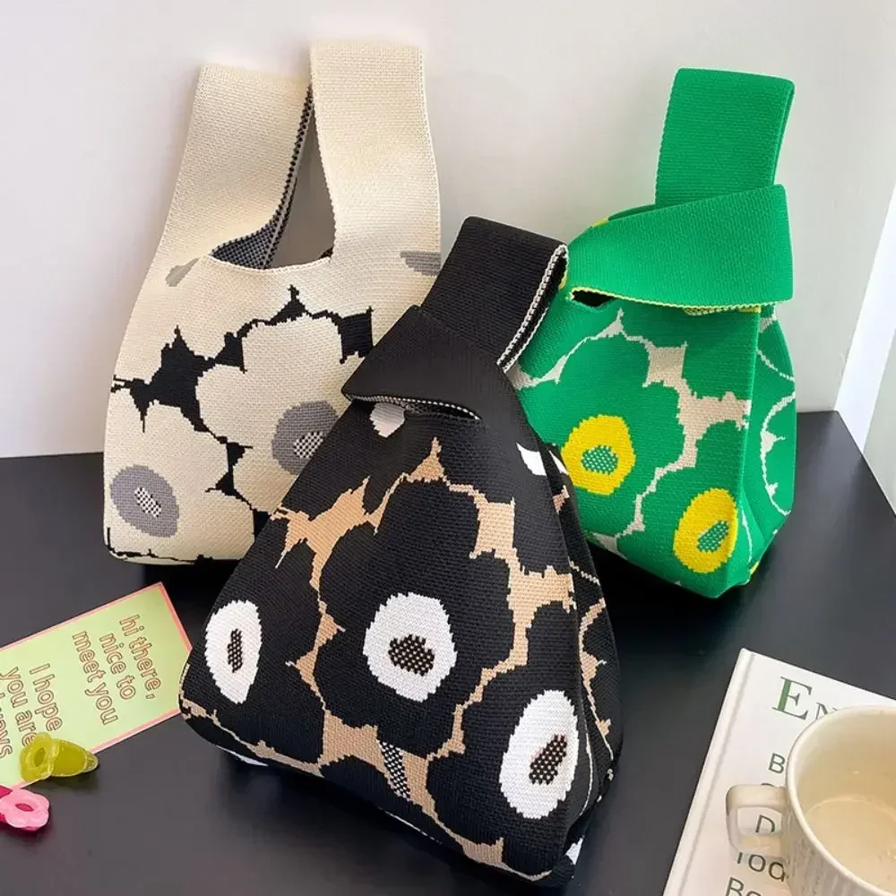 

DE10 New Flower Knitted Handbag Fashion Handmade Shoulder Lady Leisure Tote Japanese Student Reusable Shopping Bags