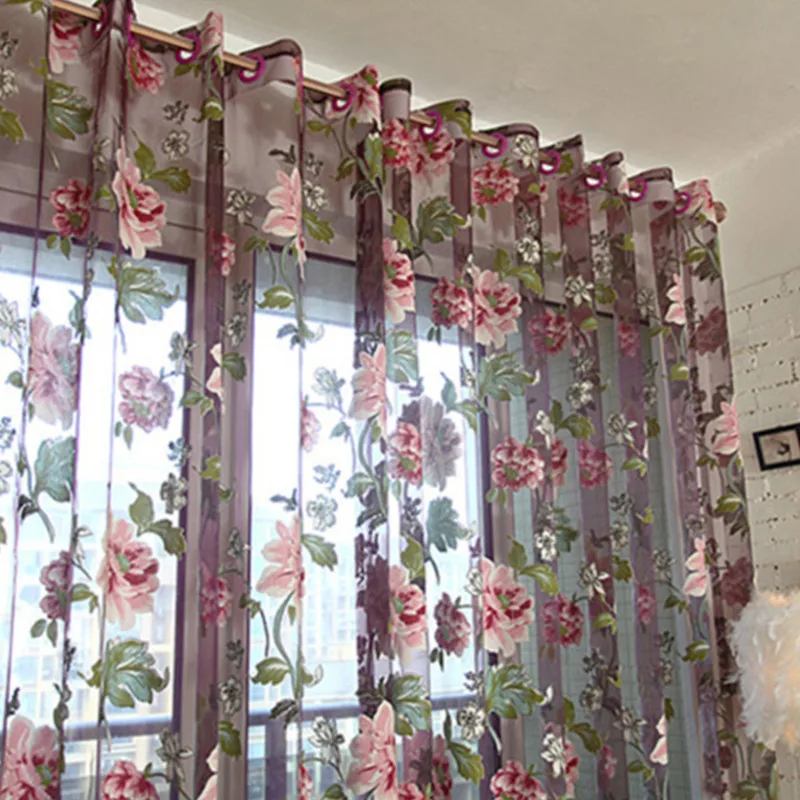 Purple Peony Floral Tulle Sheer Curtains For Living Room Bedroom Kitchen Shade Window Treatment Curtain Blinds Panel window curtains decor curtains light filtering curtains