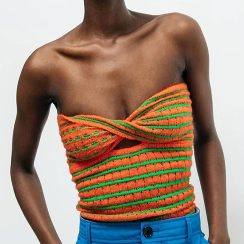 

Sexy Y2k Twist Hollow Color Striped Sweater Vest Knit Tube Tops Strapless Tank Top Backless Patchwork Cake Club Skinny Vest New