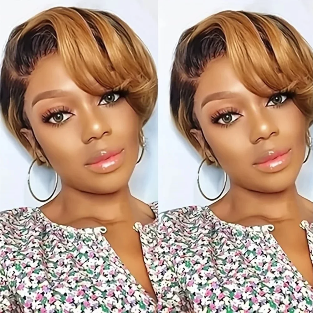 Short Straight Bob Pixie Cut Wig Ombre Human Hair Honey Blonde Pixie Wigs For Black Women Preplucked Part 13X4X1 Lace Wig for Wo
