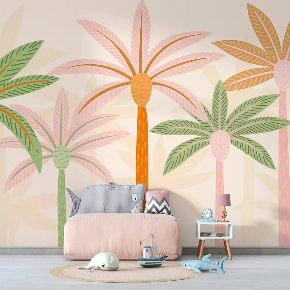 Bacaz Mural de papel tapiz de palmeras de dibujos animados para dormitorio  de niños, revestimiento de paredes 3D, pegatina de decoración del hogar| |  - AliExpress