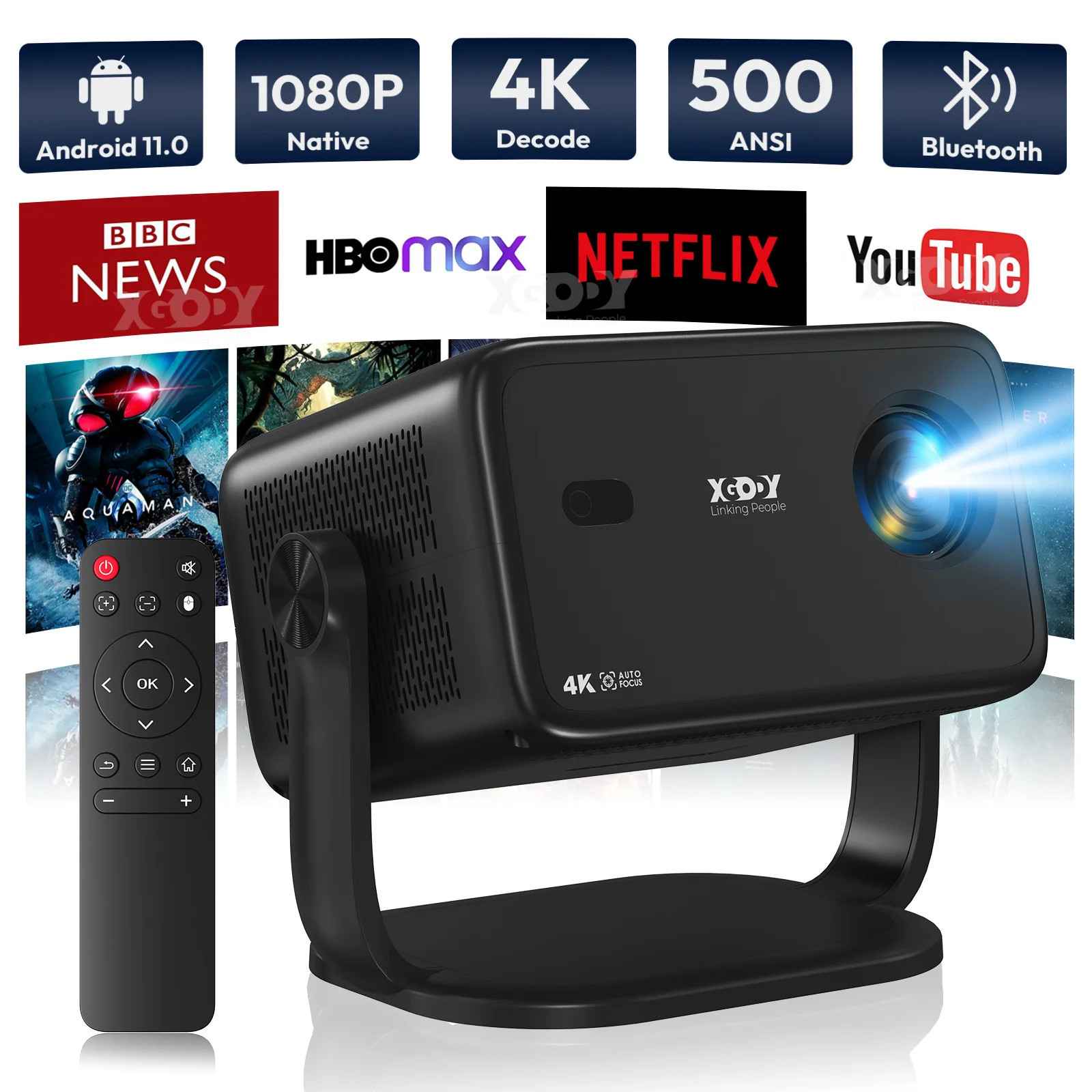 XGODY 4K Android 11 Projector Native 1080P With Auto Keystone Focus Wifi 6 BT 5.4 Portable Outdoor Movie Home Cinema