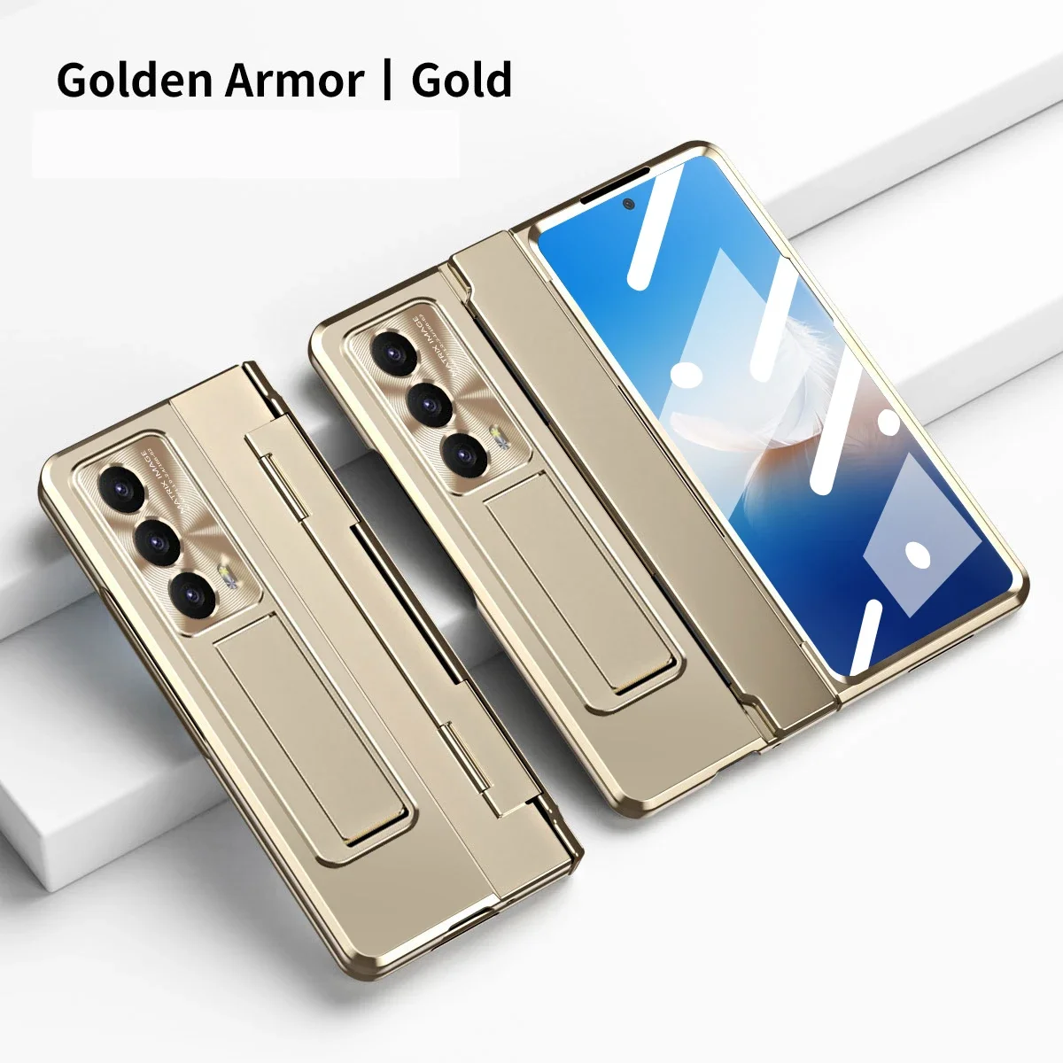 Plated Gold Armor Case with Hinge Bracket and Glass Front Film Cover