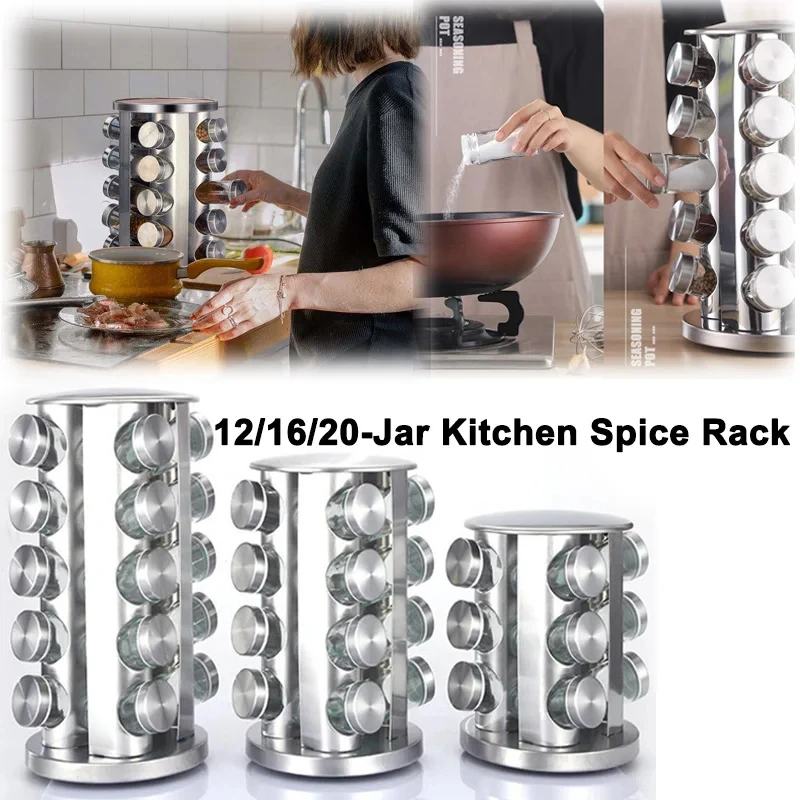 Rotating Tray Spice Rack with Round Bottle 430 Stainless Steel Kitchen Organizer Pantry Cabinet For Seasoning Storage