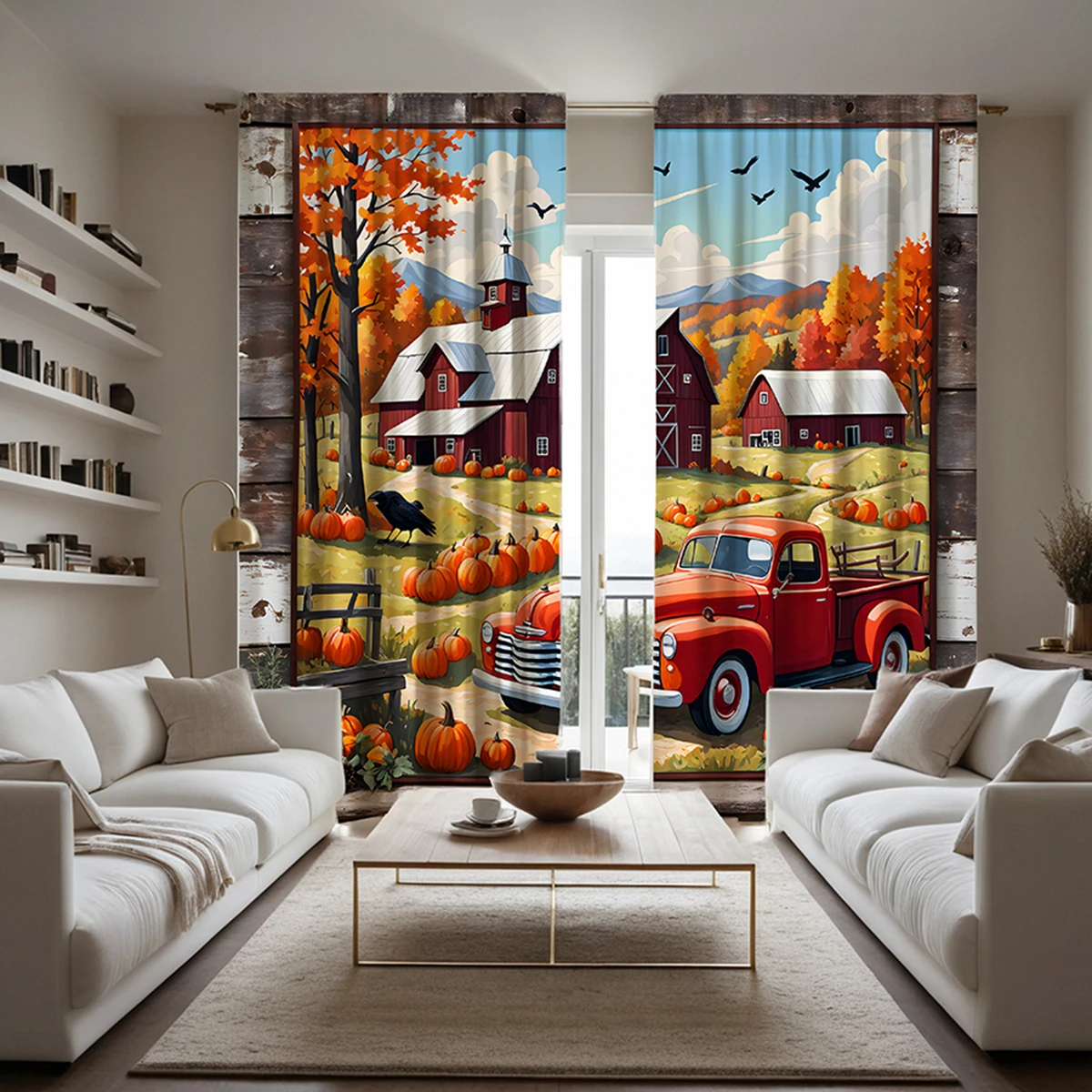 2pcs HD Harvest Festival Mountain hut Pumpkin bus decorative curtain Yellow tie digital printed curtain Home decoration style 3