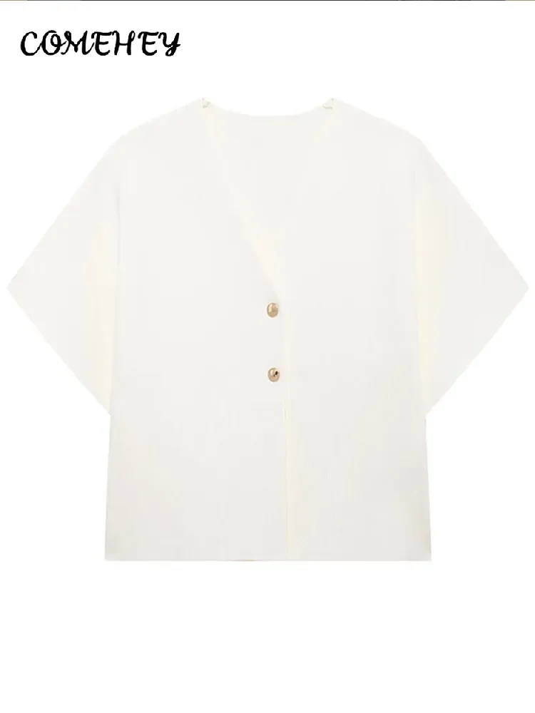 Casual Solid Knit Top Women Short Sleeve V-neck Two Buttons Slim Elegant Vest 2024 Summer Autumn Female White All-match Knitwear 5