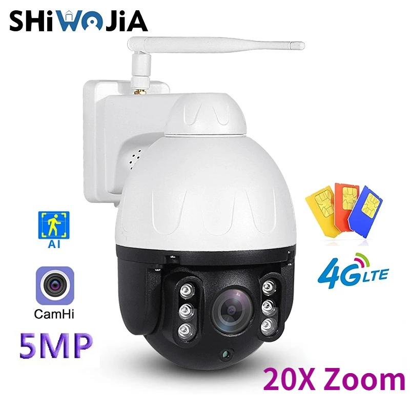 SHIWOJIA 5MP PTZ 4G IP камера наружного наблюдения 5X цифровой зум AI человек обнаруживает