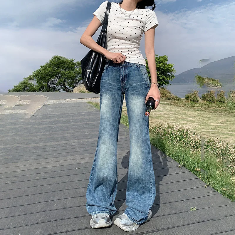 Denim Planet Micro Jeans For Women's Summer 2024 New Low Waisted Slim Fit Drape Spicy Girl Flared Floor Mops Style