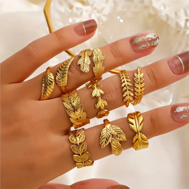 Bague Femme Réglable Motif Feuille En Acier Inoxydable Doré – Neuve Avec étiquettes