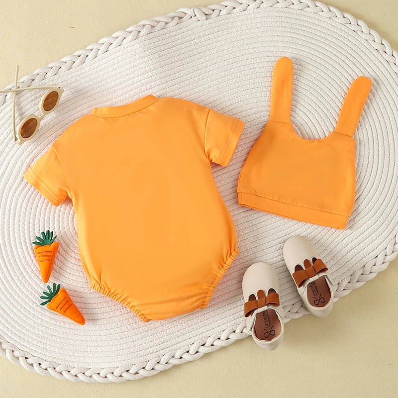

New Born Infant Baby Boys Girls Easter Short Sleeve Romper Carrot Embroidery Bodysuit Rabbit Hat Summer
