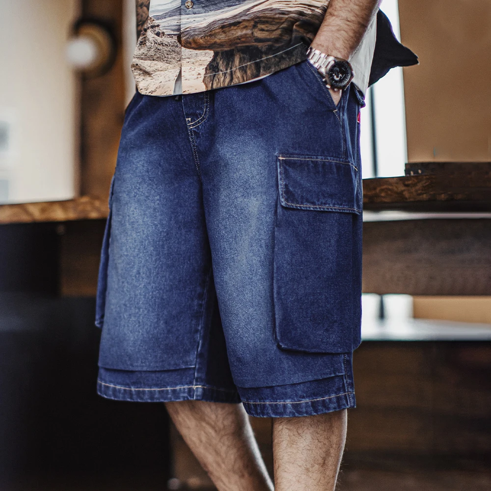 Vintage Heavyweight Embroidered Denim Shorts Men's Spring Summer Loose Fit Elastic Waist Cargo Street Shorts men jeans,denim pants,denim shorts,summer jeans shorts