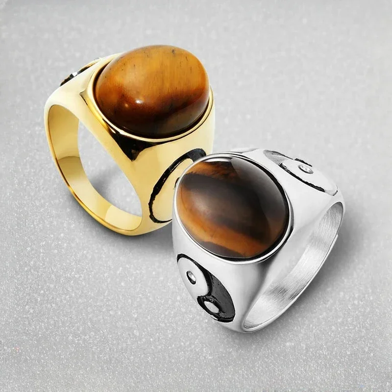 

Мужские кольца из нержавеющей стали с камнем «тигровый глаз», Размеры 7-13