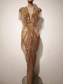 Women Sexy Mesh Sparkly Rhinestone Tassels Stretch Long Dress Evening Nightclub Singer Dance Stage Costume Luxury Birthday Gowns 1