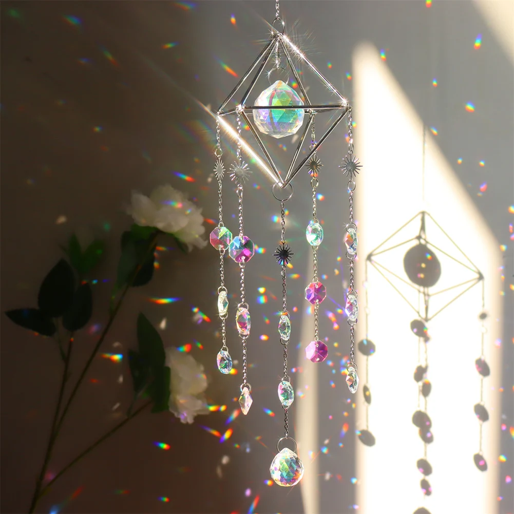 Crystal Sun Catcher Windchimes Metal Rainbow Prism Window Crystal Light Catcher Hanging Glass Prisms Garden Decoration Outdoor sun catcher sun catchers window ornament