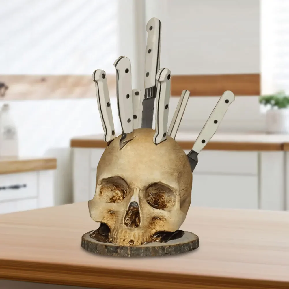 Skull Knife Holder Kitchen Horror Knife Storage Rack Halloween Ornament Gifts Party Tool Kitchen Decoration Storage Accessories