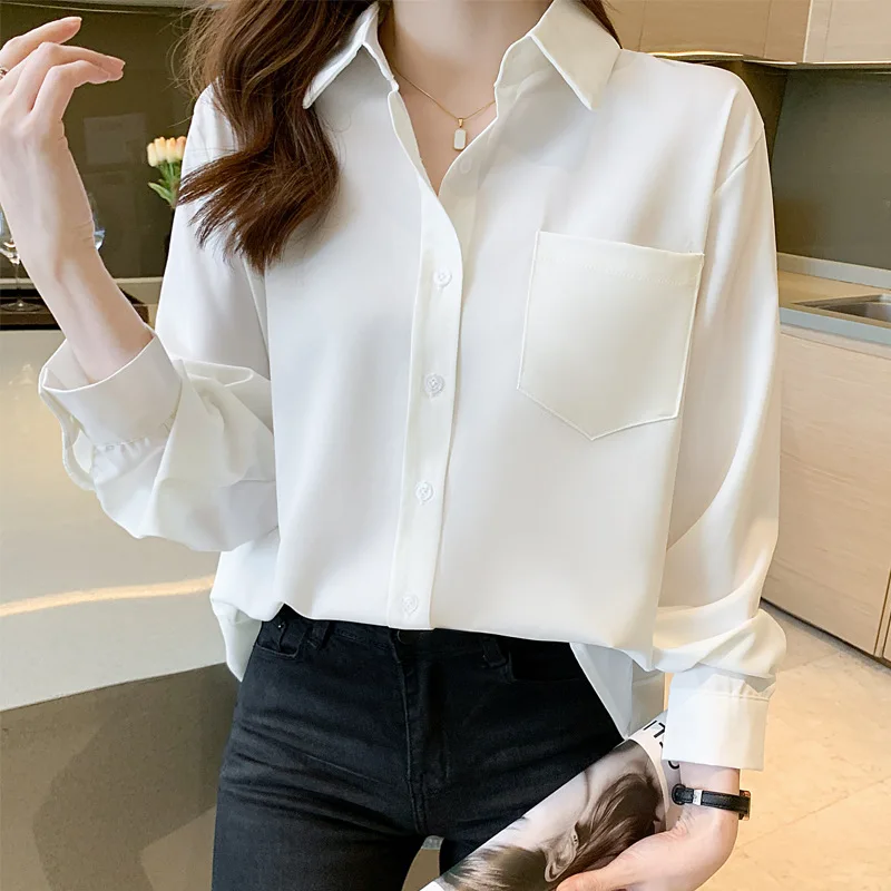 White Pocket Office Ladies Shirt Blouse Women Spring Fashion Solid Long Sleeve Shirts For Women 2024 Autumn Simple Black Top