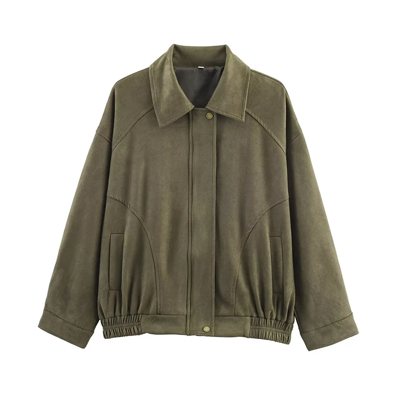 Women Vintage Suede Jacket 2025 New Autumn Fashion Long Sleeve Zipper Bomber Jacket Female High Street Casual Loose Coat