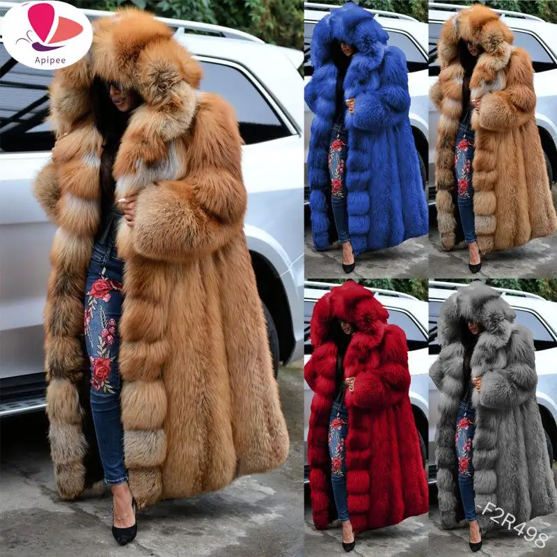 

APIPEE 2024 Newest Faux Fur Coat Women Thicken Autumn Winter Warm Hooded Coat Super Long Coats Ladies Coats And Jackets