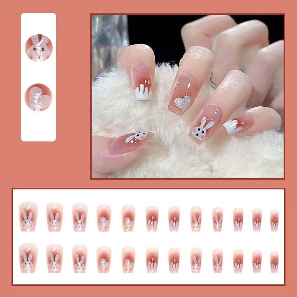 

Fashion Love Heart Press On Nails Flowers Manicure Tools Cartoon False Nails Nail Decorations Rabbits Fake Nails Nail Art Tips