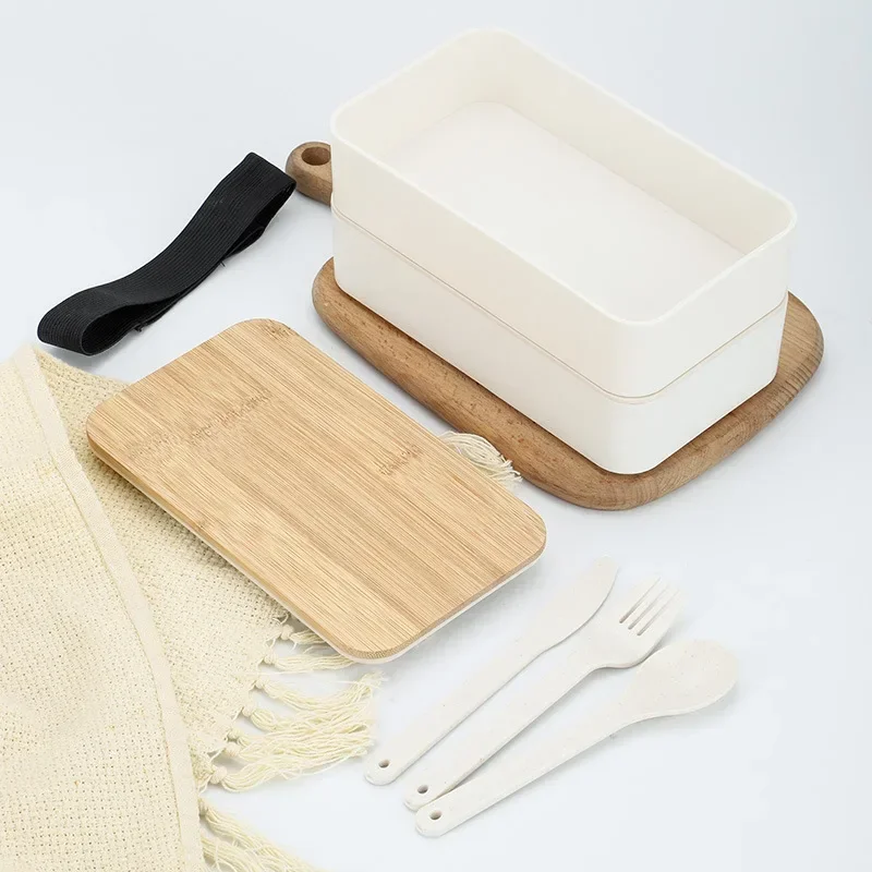 New Japanese Style Bento Box, Minimalist Double-layer Lunch Box with Knife, Fork, Spoon, Divided Student Lunch Box