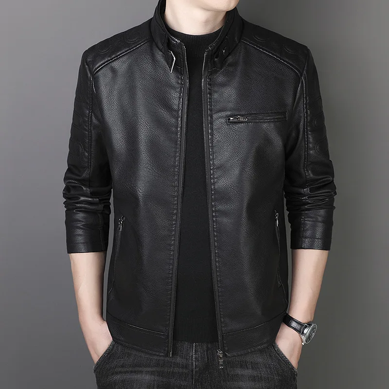 

2023 Autumn Winter Plush Men's Motorcycle PU Leather Jacket Fashion Standing Collar Casual Solid Color Black Yellow Wine Red 4XL