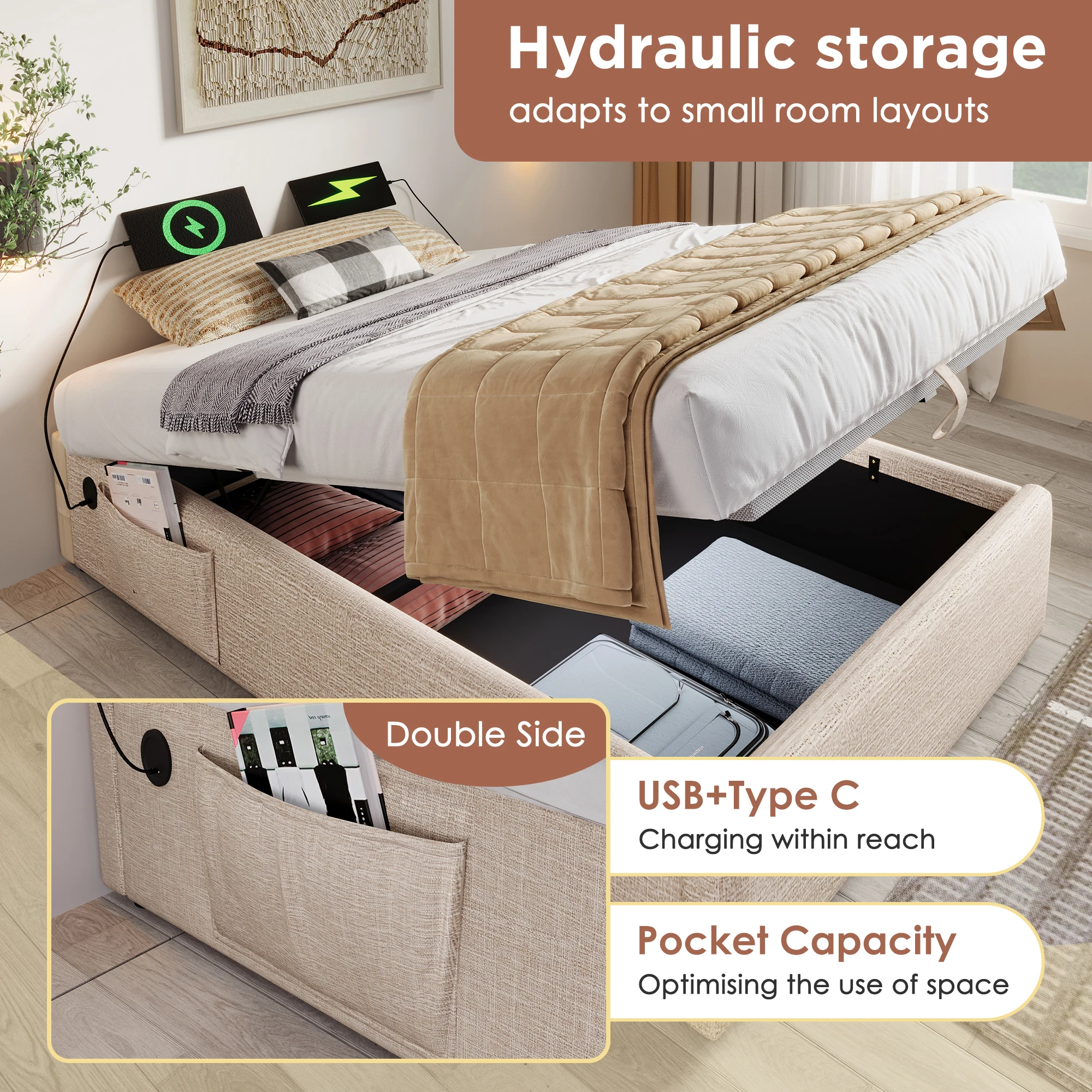 Gepolstertes Einzelbett 90×190 cm, Bettgestell mit Stauraum und USB-C, Lattenrost, Leinen, Naturfarben – Detail 21