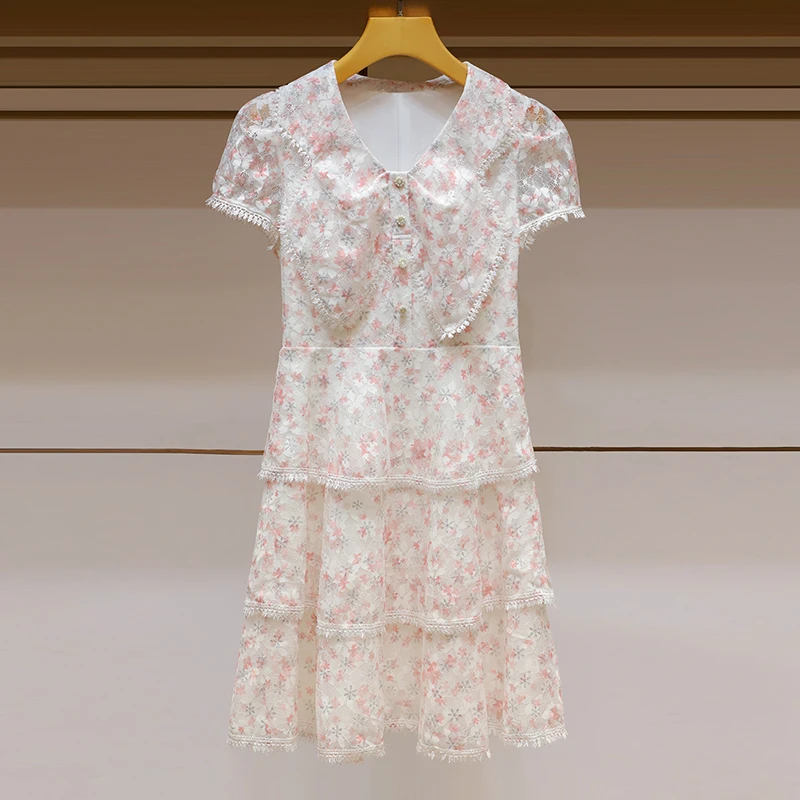 

High Quality Lace Dress 2022 Summer Ladies O-Neck Sweet Pink Blue Floral Prints Beading Button Short Sleeve Ruffle Dress Runway