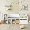 67" Kids Reading Nook with Bench, Kids Bookshelf and Bookcase with Seat Cushion and 6 Storage Cubbies, Toy Storage Box on 4
