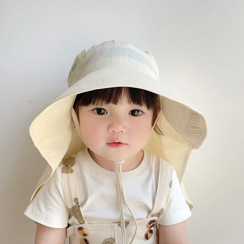 Solid Color Summer Sun Hat for Boy Girl Korean Big Brim Fisherman Cap Kids Quick Dry Mesh Anti UV Beach Cap with Neck Cover 2