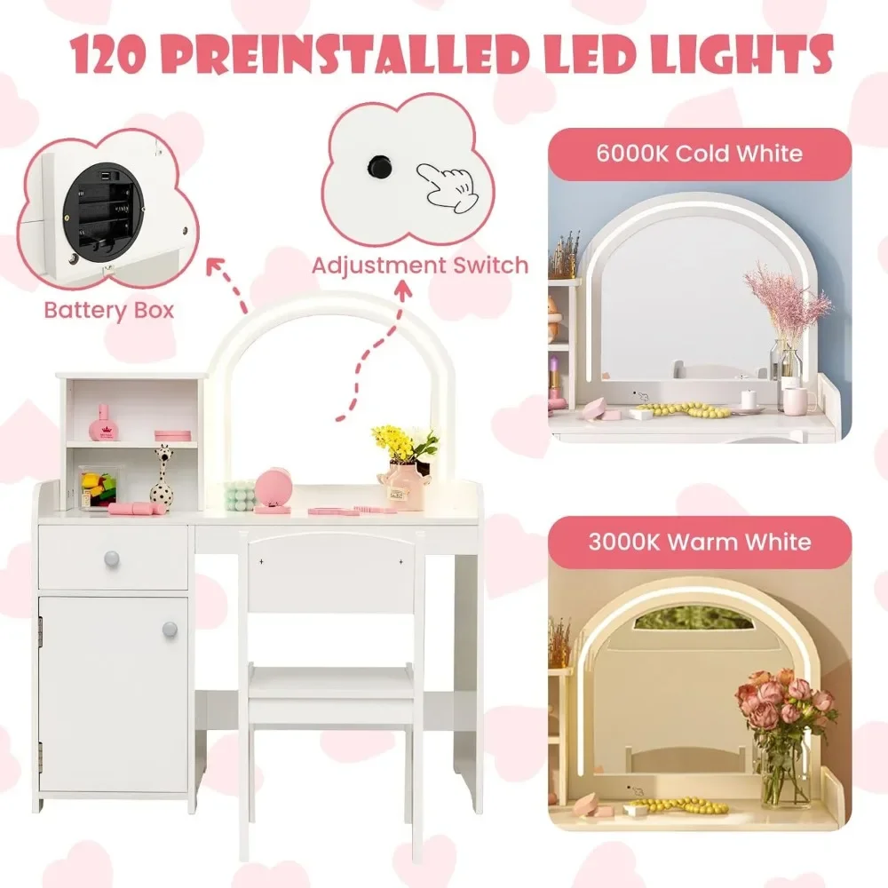 Kids Vanity, Princess Makeup Desk and Chair Set with Lights Mirror Drawer Storage Shelves, Vanity Set for Toddler Girls