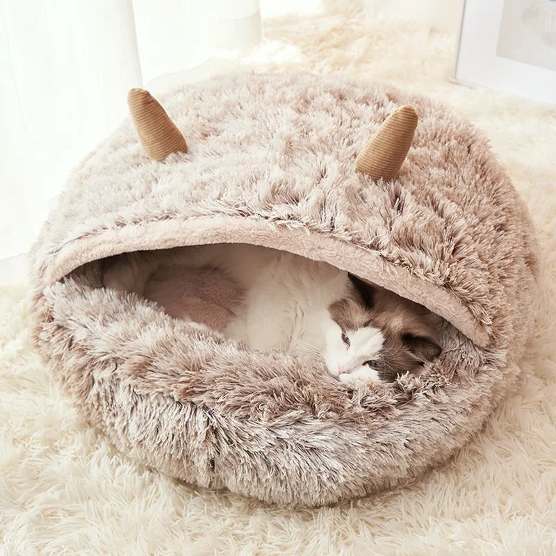 Winter Long Plush Pet Cat Bed Round Cat Cushion House Warm Cat Basket