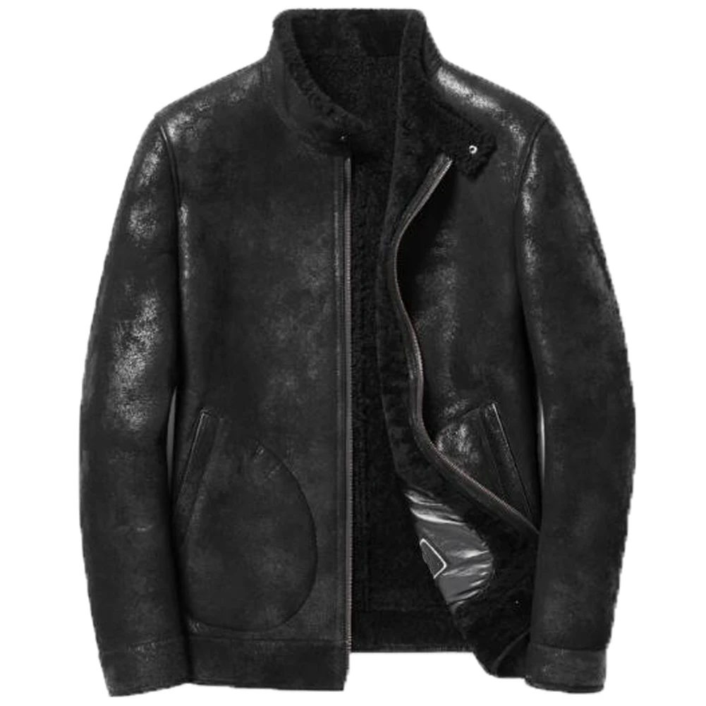 Denny&Dora Mens Sheepskin Bomber Jacket Mens Black Shearling Jacket Mens Pilots Jacket