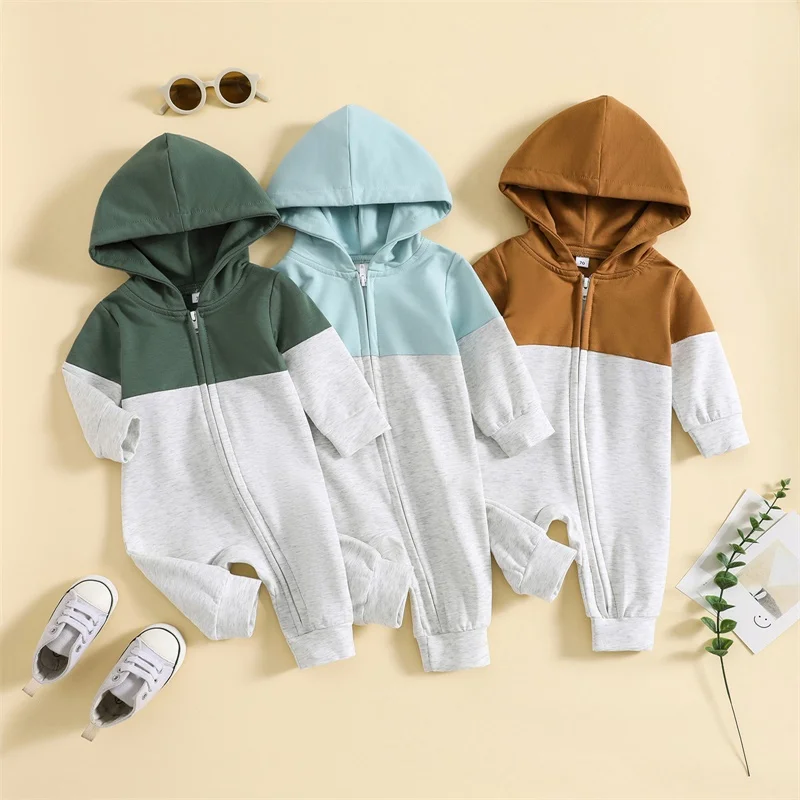 

Baby Boy Girl Long Sleeve Romper Contrast Color Casual Zipper Hooded Jumpsuit for Infant Toddler Fall Spring Clothes 0-18Months