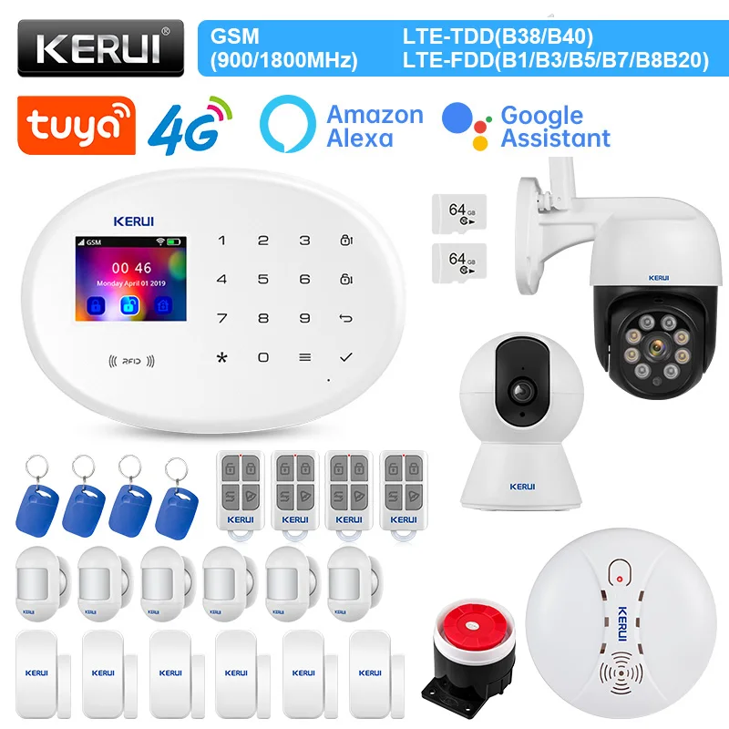 wifi alarm keypad KERUI Wireless Home Alarm System 4G WIFI GSM Alarm Tuya Smart Support Alexa Door Sensor Motion Sensor Siren RFID home security system keypad Alarms & Sensors