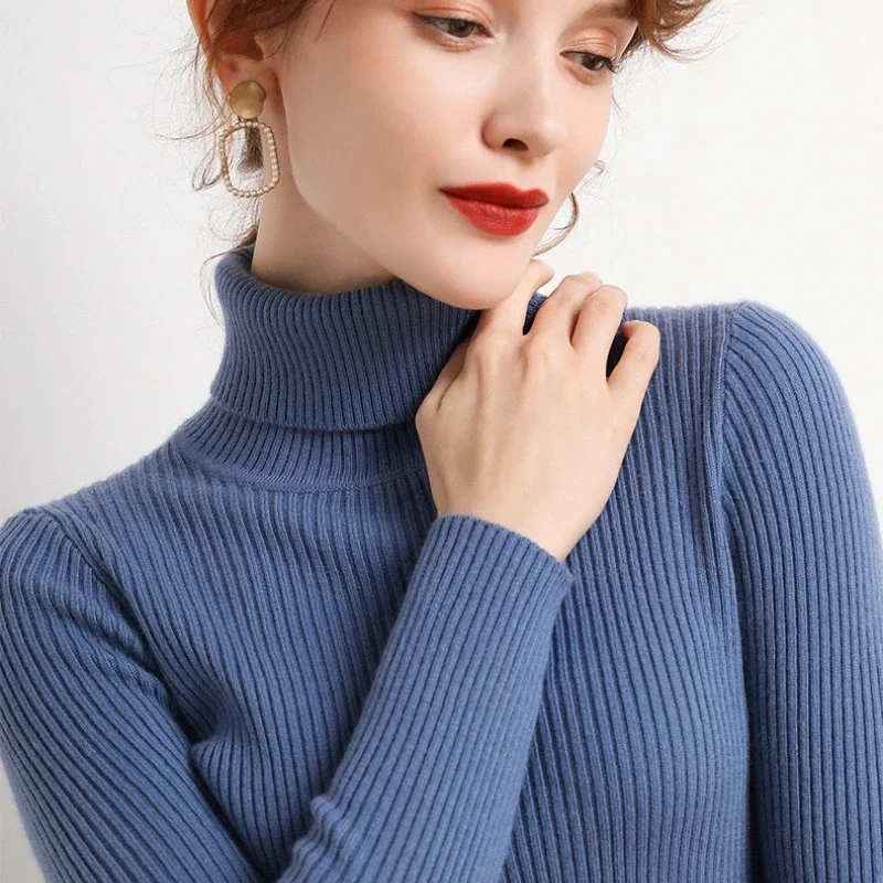 New 2025 Women's Turtleneck Solid Color Sweater Fashion Autumn and Winter Knitwear Long Sleeve Thin Casual Bottom Shirt