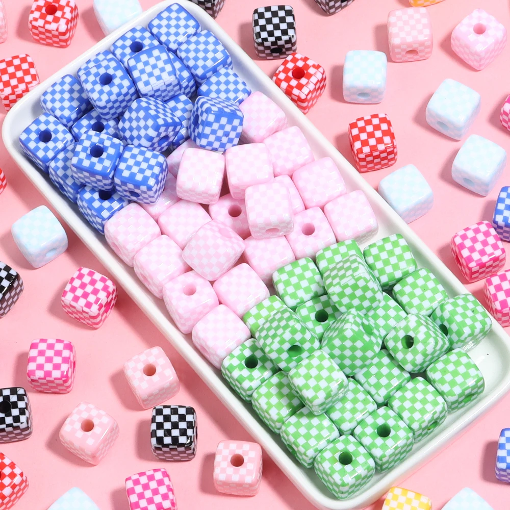 아크릴 컬러 스퀘어 비즈 체커보드 큐브, 공예용 큰 구멍 스페이서 비즈, DIY 매력 만들기, 어린이 장난감 액세서리, 10 개/로트