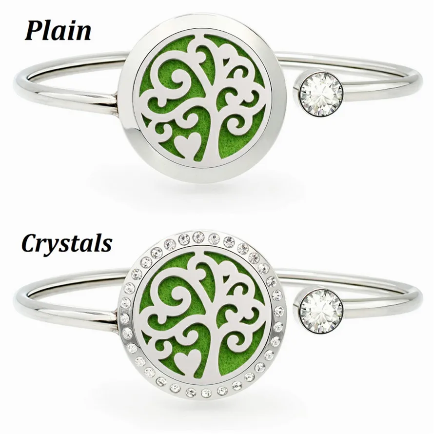 Heart Tree 25mm Crystals Locket Diffuser Bangle Stainless Steel Aromatherapy Bracelet Perfume Locket Bracelet Free 10 Pads 2