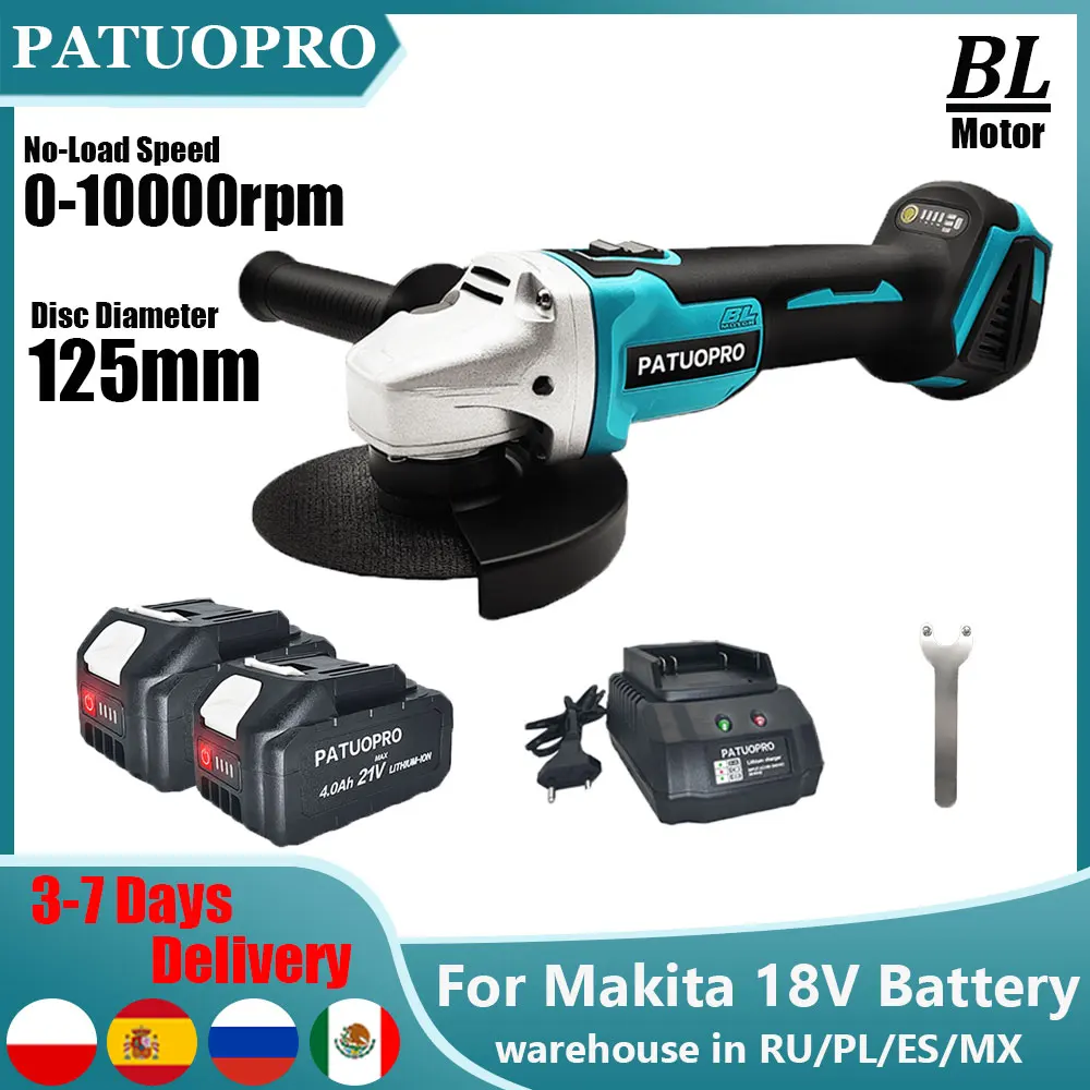 PATUOPRO Electric Angle Grinder, Brushless Cordless Handheld 125mm M14 Electric Cutting Machine Home Polishing Power Tools For Makita 18V Battery